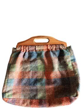 Vintage Wooden Handle Plaid Fabric Bag Purse Boho Hippie